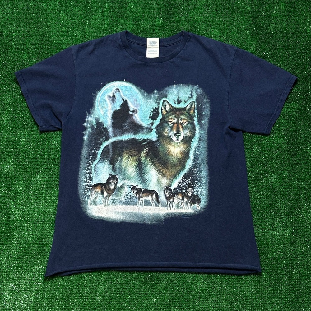 Delta Wolf Graphic T-Shirt‎ Mens M Navy Blue Trimmed Raw Hem Cropped Nature